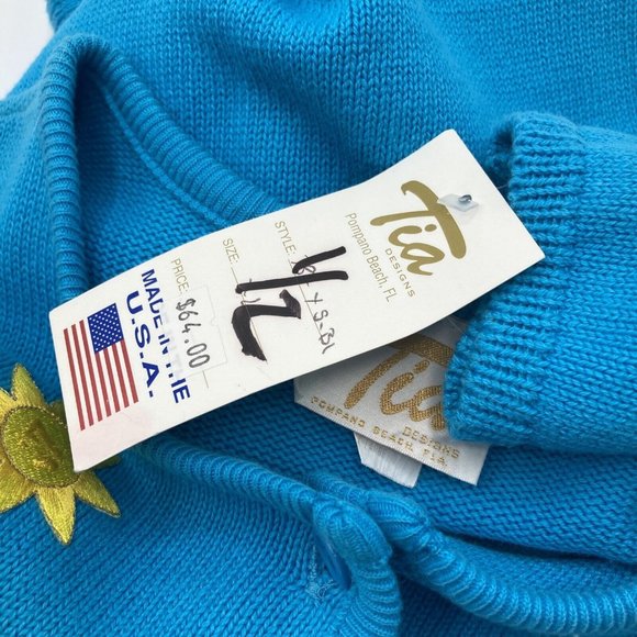 Vintage Tia Desiigns Sweater Cardigan Embroidered Beach XL Turquoise NWT - Picture 9 of 9